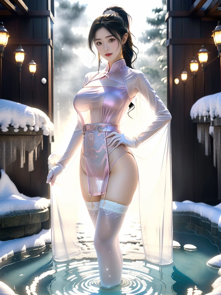 ((A woman)), 美丽脸庞的Sexy中国华裔女明星, Wearing avant-garde transparent sci-fi clothes, (((Light theme, Exposing the subject, Sexy主题)))
((Transparent clothes: 1.5), (Revealing clothes: 1.5),  (Wet clothes:1.0), (Color of clothes: Bright pink), ((Wearing transparent clothing)), ((Irregular transparent clothing)))
(((night, Private hot spring, Surrounded by fog, bamboo forest, Standing in the water, Snow Scene))),
((8K Ultra HD, 8K, Ultra-high resolution, Best quality, Super Fine, Clear focus. Masterpieces, complete pattern, Ultra HD, Detailed photos, Best image quality，Ultra-clear，Delicate facial features，Well-defined, Highly rated works, Close-up depth of field photography, Above the knee, Symmetrical character)), 
((Creating the image of a real girl), Realistic shadows, Soft lighting, Dynamic Angle, Dynamic poses, Elegant Posture, Cowboy lens, Full body front view, Be confident, Facing the camera, Eyes looking towards camera lens, Standing posture, Open your legs slightly, Golden Ratio Graphics, Minimalism, Center the character), 
( Smile, Sexy的, Balanced Eyes, Realistic eyes, Beautiful details of the eyes,Pretty Face, (Realistic face), Normal facial features, Realistic skin, Pay attention to skin details, Skin is clean and radiant, Whitening, Anatomically correct body, Golden ratio figure, Sexy的身材), 
(Perfect makeup, Gloves, earrings, bracelet, necklace, Jewelry, Hair accessories, shawl, sock, Knee socks, 吊garter, Leg ring, garter, 腿部garter), 
((beautiful hair), Dark black hair, Wavy curly hairstyle, Waist-length hair, Messy Hairstyle, Gradient hairstyles, Cyberpunk Hairstyle, High double ponytail hairstyle), 
(Sexy的, Perfect breast shape, Teardrop chest shape, Snow-white breasts, Very detailed breasts, 34C cup), 
(Super high waist, Deep V, Low-cut, Sexy, Flattering, Open crotch, (Clear camel toe, (High fork strangulation))),
(((Clear outline, Clear underwear, 透明Sexy的穿着)))