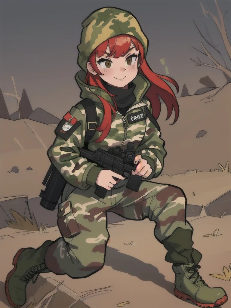 girl with smile and red hair, with a camouflage jacket, camouflage balaclava, camouflage pants and army boots,girl Hides his face under a camouflage balaclava.