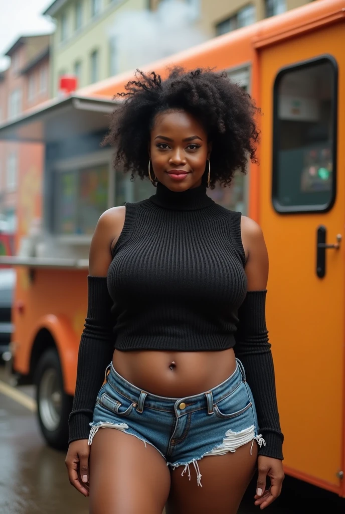 professional photography, (Photo 4K:1.1), (sharp focus:1.3), Eighteen year old slim black girl with medium breasts, Body in oil, spreads her legs, touches breasts, Ideal Anatomy, perfect symmetry, perfect face, in a fast food cafe on the table, fast food cap, moans from masturbation, bright directional lighting