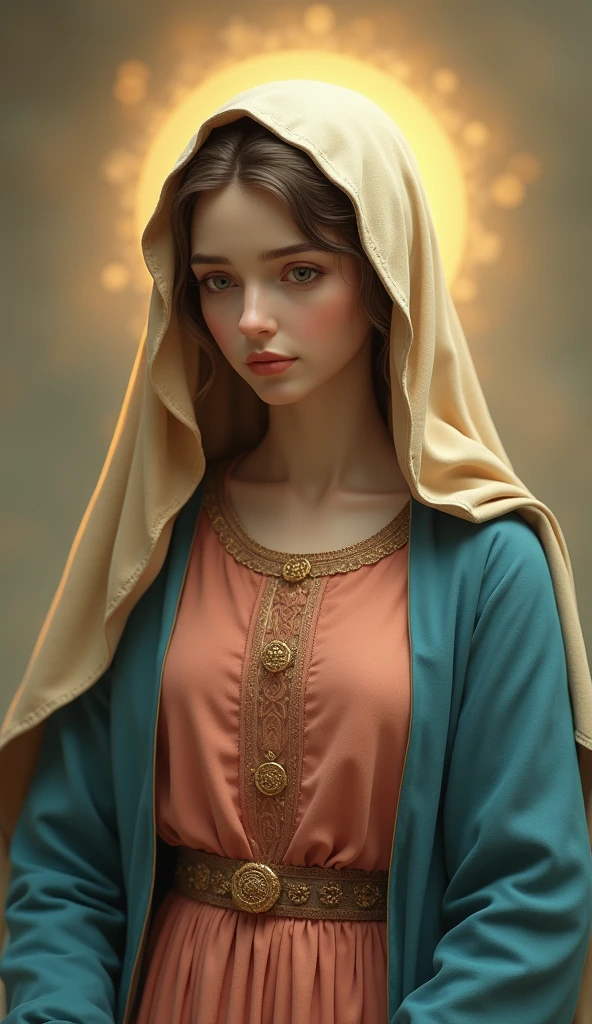 A beautiful Madonna looking directly at the camera, She is wearing a reddish beige tunic with a light blue cloak and veil.