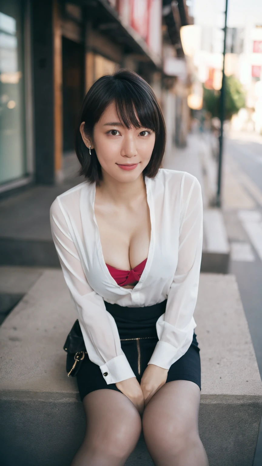 8k, (Raw photo:1.2), (Photorealsitic), Beautiful detailed, Famous popular actresses、 (Real: 1.4), extremely detailed eye and face, beatiful detailed eyes, ((Dazzling night illumination plaza:1.2)), ((Women's Suits:1.3, Ultra-realistic pantyhose:1.2))、selfee、Instagram、harsh trial, Please look at the camera and raise your hand、huge filesize, hight resolution, ighly detailed, top-quality, [​masterpiece:1.6], illustratio, ighly detailed, nsfw, finely detail, top-quality, 8k wallpaper, Cinematographic lighting, 1 milf, 19 year old, perfect body type, Beautiful big drooping eyes、Pieckfinger, ((masutepiece)), Best Quality, eye shadow,  high-heels、Portrait、(Very affectionate smile:1.2)、realistic skin textures、shinny skin、Exposed thighs, low angle photo, inverted nipples,