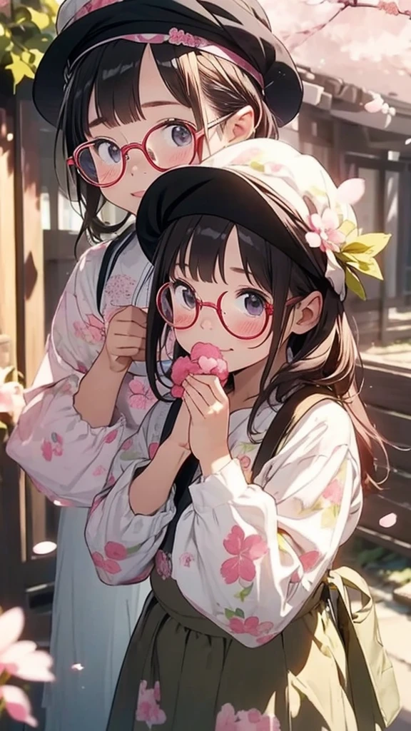 ultra-detailliert, Best Quality, High resolution, ((Two cute girls with big black hair and small stature are looking up at each other.))、Pretty eyes、Detailed eye depiction、Eye sparkle、Sareme、Looking at Viewer, pale skin、(((Petite))), 　（nude）、(flat chest), (big glasses), (blush:1.2), （big eye：1.5）, Shy smile, Under the cherry tree, Focus on the face, Long hair with braids,　((Super close-up of the face))、(((from above)))