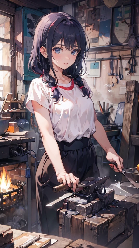 (A female blacksmith student, teenage girls, muscular girl, soft lips, glowing skin, braided hair, soft skin:1.25, hair ribbon, braided hair, forging a short knife with a mallet),(8k, best quality, masterpiece:1.2, masterpiece, extreme detail, very detailed), vibrant colors, line art