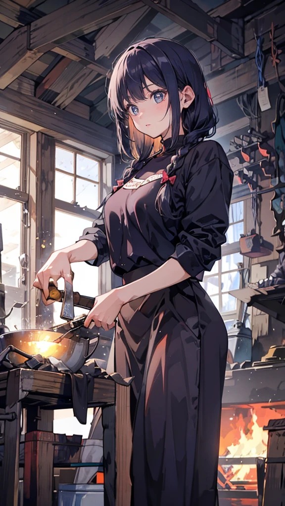 (A female blacksmith student, teenage girls, muscular girl, soft lips, glowing skin, braided hair, soft skin:1.25, hair ribbon, braided hair, forging a short knife with a mallet),(8k, best quality, masterpiece:1.2, masterpiece, extreme detail, very detailed), vibrant colors, line art