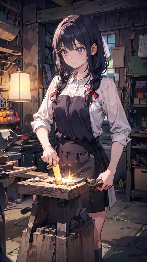 a detailed, young female blacksmith student, her muscular yet soft figure, with beautiful lips, glowing skin and braided hair, wearing a hair ribbon, crafting a small knife with a mallet, in a bright, line art style, masterfully depicted in 8K resolution, best quality, with extreme attention to detail