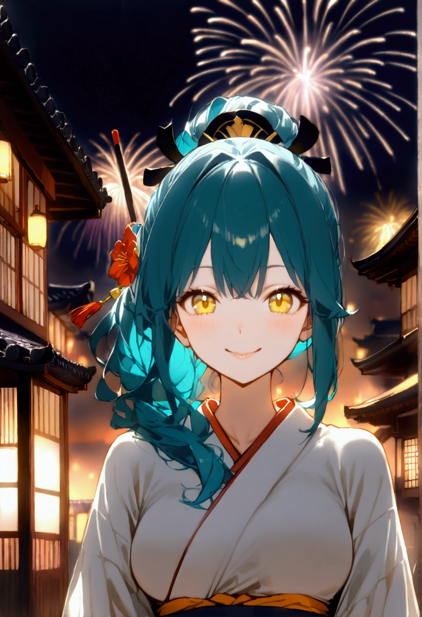 1 girl milf , solo , teal blue ponytail hair ,  yellow lihgt eyes , hot body , At a firework celebration in traditional Japanese dress on a building while fireworks are exploding in the sky, he looks at the viewer and smiles, his yellow eyes are shining.