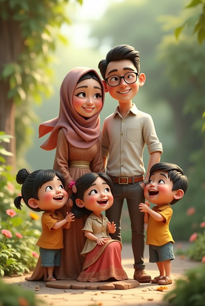 Create a realistic 3D animation of a cheerful Indonesian family standing together. The father is a young man, 32 years old, with a thin beard, wearing glasses, and dressed in casual, modern attire. The mother is a 30-year-old woman, wearing a hijab, glasses, and modest clothing. She is holding their 1-year-old daughter, who is also wearing a small hijab, in her arms. Beside them, their two young sons, aged 6 and 5, are standing close, dressed in casual clothes, smiling and playing. The background is bright, with warm sunlight illuminating their happy faces, and the overall atmosphere is one of joy and togetherness