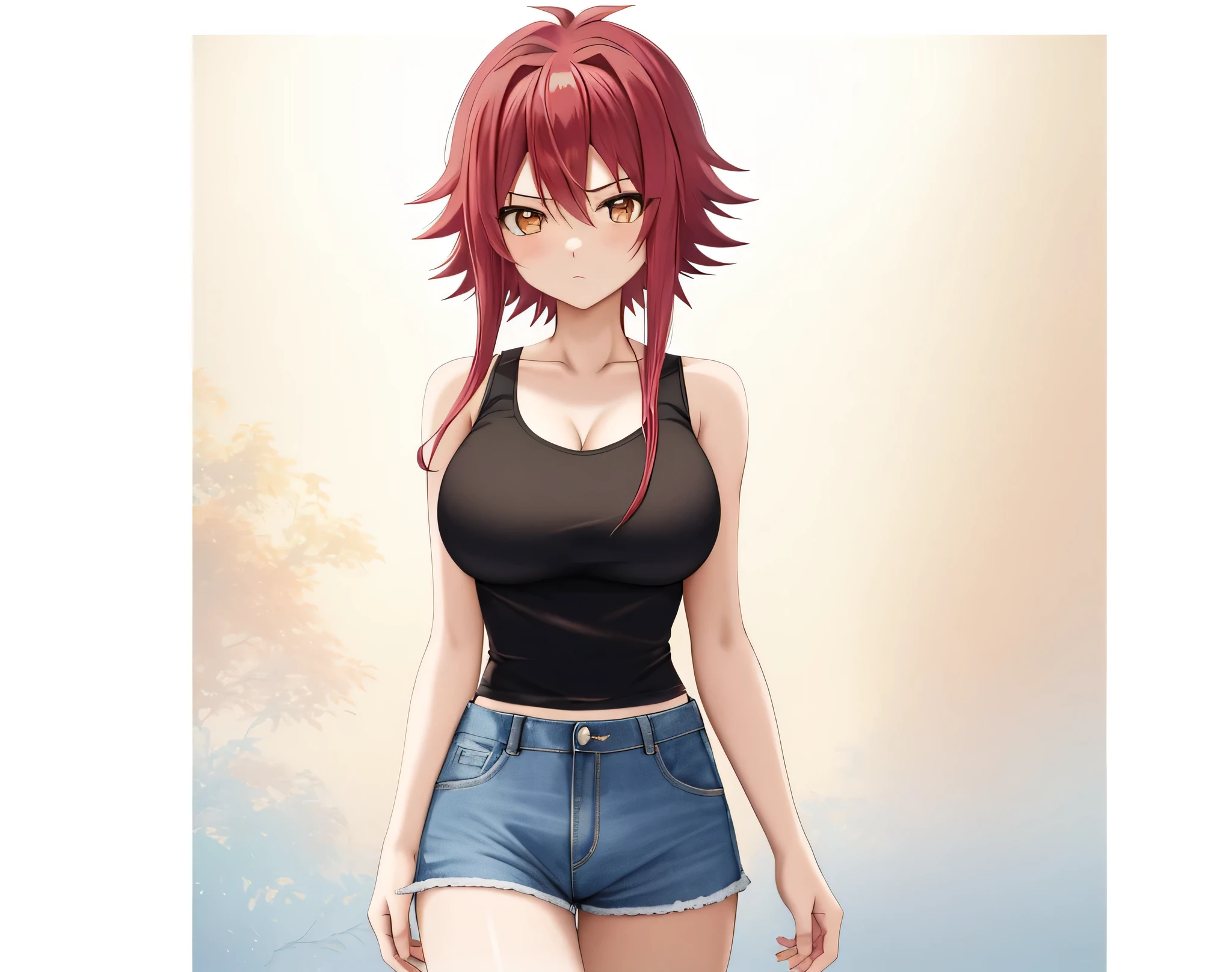 Red HairのAnime Girlsが立っている, Anime Girls, Anime Styleキャラクター, clothing:Black tank top, Girl wearing denim shorts, Anime Styleで, Big Breasts, Girls with big breasts, Anime Style, Anime Style, Muscular Woman, Knight of the Zodiac Girl, Short Hair, Red Hair, In anime style, Feminine and muscular, Skin tight tank top, Bare Arms, Bare shoulders, Alone, looking at viewer, Female focus, Cowboy Shot,