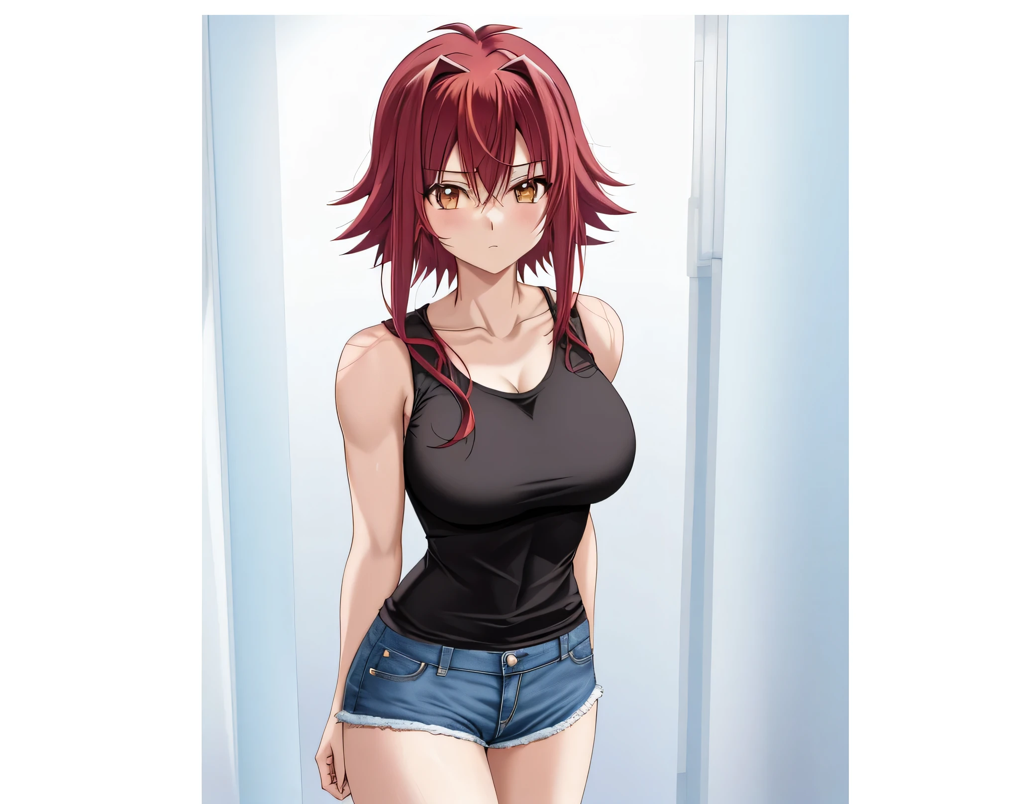 Red HairのAnime Girlsが立っている, Anime Girls, Anime Styleキャラクター, clothing:Black tank top, Girl wearing denim shorts, Anime Styleで, Big Breasts, Girls with big breasts, Anime Style, Anime Style, Muscular Woman, Knight of the Zodiac Girl, Short Hair, Red Hair, In anime style, Feminine and muscular, Skin tight tank top, Bare Arms, Bare shoulders, Alone, looking at viewer, Female focus, Cowboy Shot,