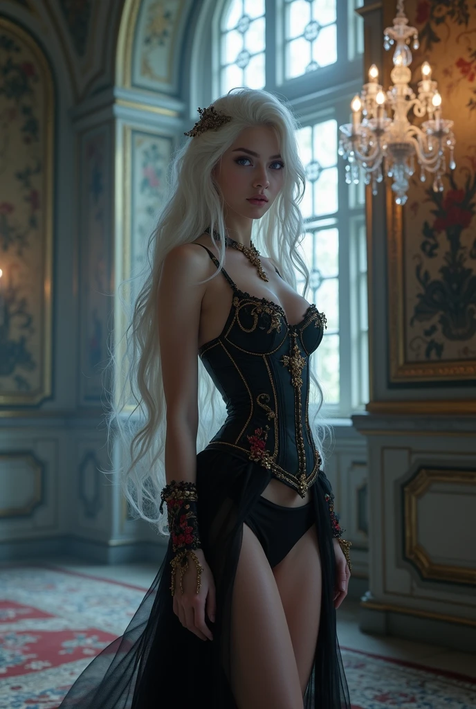 (((medium full shot))), (Masterpiece, photorealistic, photorealism, best quality, ultra-detailed:1.3), (nice hands, perfect hands), official art, cinematic light, (1girl:1.3), adult, (20 yo, solo, platinum pink long hair, queen style:1.2), (platinum armor, navel), Thick thighs, (looking at viewer:1.2), (((walking with wolfs))), (indoors, ancient architecture, room, evil room, skulls), dark fantasy, (bokeh:1.2)