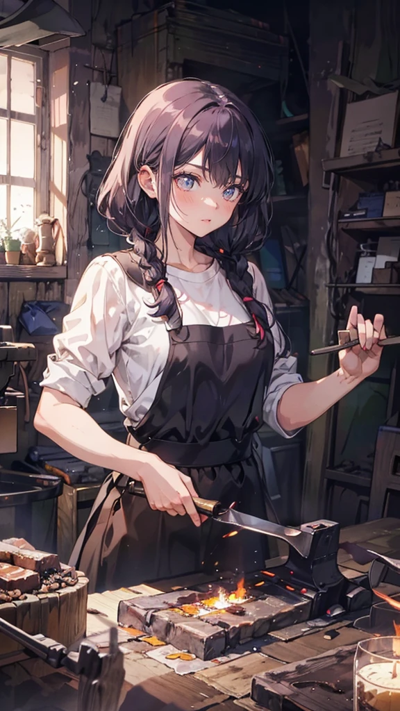 (Blacksmith girl , Teenagelar girl, Soft lips, Glowing Skin, Braided Hair, Soft Skin:1.25, Hair Ribbon, Braided Hair, Sharpening a dagger),(8k, Best Quality, masterpiece:1.2, masterpiece, Extremely detailed, Very detailed), Vibrant colors, Line art