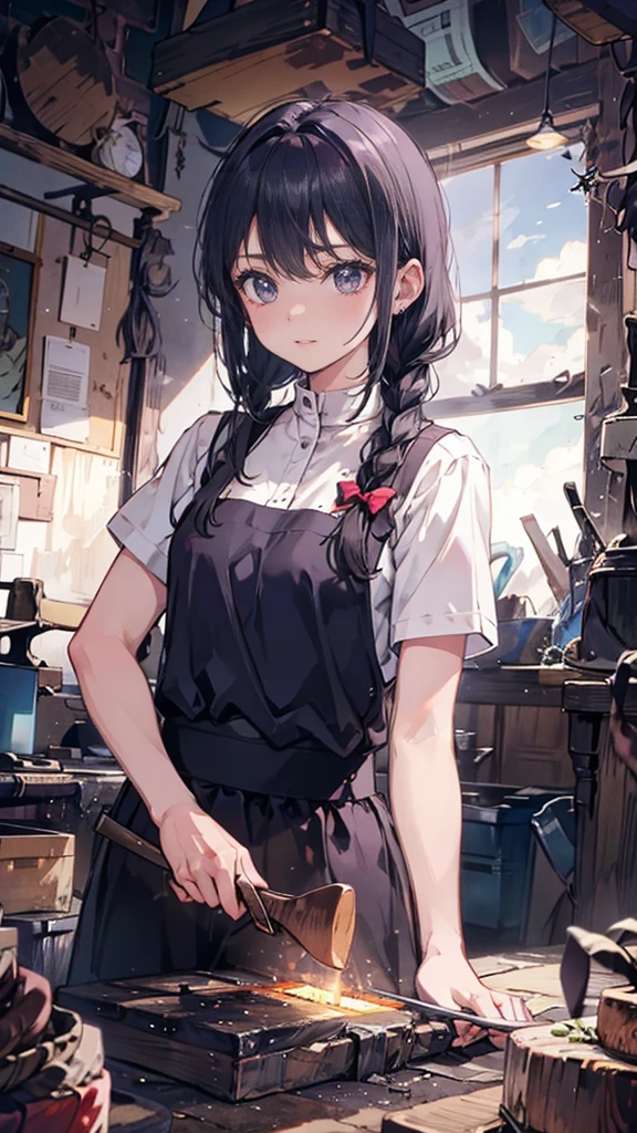 (Blacksmith girl , Teenagelar girl, Soft lips, Glowing Skin, Braided Hair, Soft Skin:1.25, Hair Ribbon, Braided Hair, Sharpening a dagger),(8k, Best Quality, masterpiece:1.2, masterpiece, Extremely detailed, Very detailed), Vibrant colors, Line art