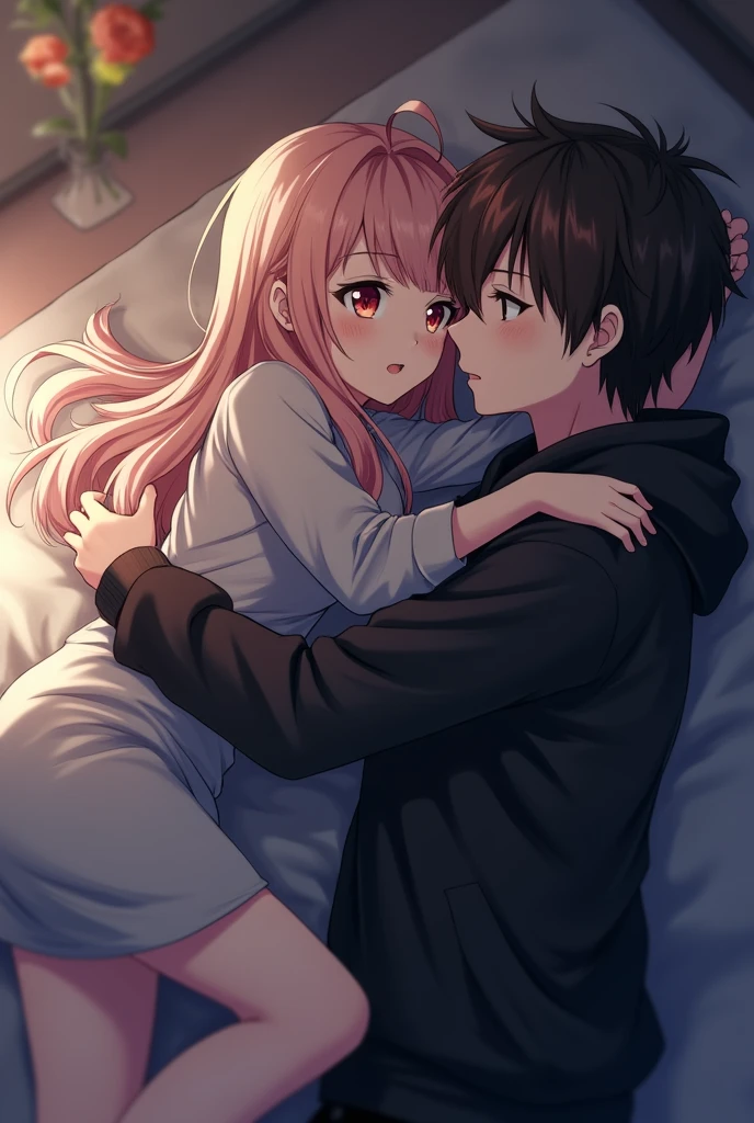 Anime version In a softly illuminated bedroom, a 2 boy and a girl, both dressed in matching black shirts, share an intimate moment that exudes warmth and affection. The girl lies comfortably on the neatly made bed, her hair cascading around her head like a soft halo, her black shirt slightly creased from her relaxed posture. She holds the boy close to her, one arm wrapped securely around him, her fingers gently brushing through his hair.

The boy, nestled into her embrace, rests his head against her chest, his eyes softly closed as he takes in the steady rhythm of her breathing. His black shirt clings to his frame, and the soft light from the nearby bedside lamp casts a gentle, golden hue over their bodies, highlighting the serene expressions on their faces. The air between them feels charged with quiet understanding, the world outside fading into insignificance as they find solace in each other’s presence.

The room itself is simple but comforting—white sheets neatly tucked under them, a few scattered books on the bedside table, and dim curtains swaying gently as a breeze whispers through a slightly cracked window. The soft hum of the night outside enhances the stillness inside, wrapping the couple in a cocoon of intimacy, where words are unnecessary, and only the warmth of their embrace speaks volumes.