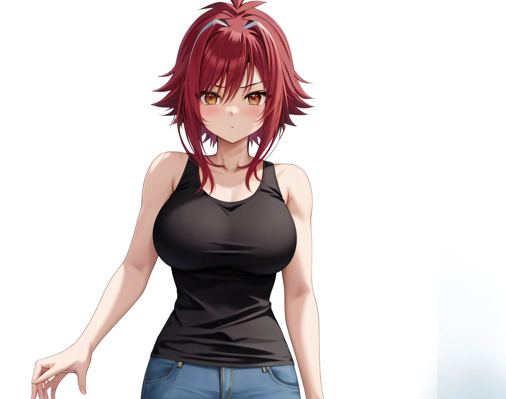 Red HairのAnime Girlsが立っている, Anime Girls, Anime Styleキャラクター, clothing:Black tank top, Girl wearing denim shorts, Anime Styleで, Big Breasts, Girls with big breasts, Anime Style, Anime Style, Muscular Woman, Knight of the Zodiac Girl, Short Hair, Red Hair, In anime style, Feminine and muscular, Skin tight tank top, Bare Arms, Bare shoulders, Alone, looking at viewer, Female focus, Cowboy Shot,