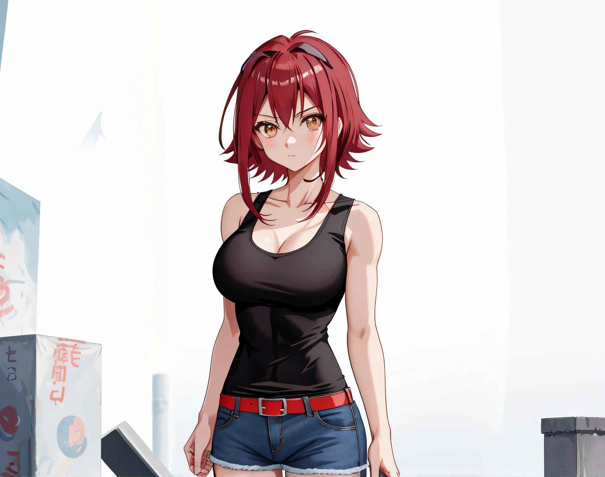 Red HairのAnime Girlsが立っている, Anime Girls, Anime Styleキャラクター, clothing:Black tank top, Girl wearing denim shorts, Anime Styleで, Big Breasts, Girls with big breasts, Anime Style, Anime Style, Muscular Woman, Knight of the Zodiac Girl, Short Hair, Red Hair, In anime style, Feminine and muscular, Skin tight tank top, Bare Arms, Bare shoulders, Alone, looking at viewer, Female focus, Cowboy Shot,