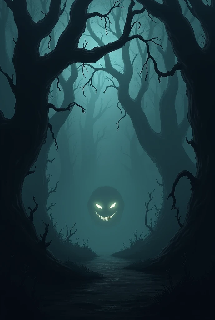 Dark and scary forest with red eyes between the trees