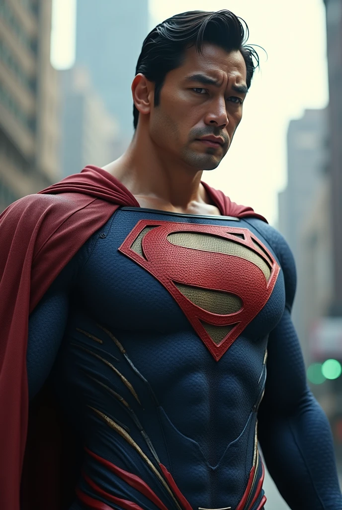 Asia handsome superman with classic superman suit exhausted after fighting with criminal