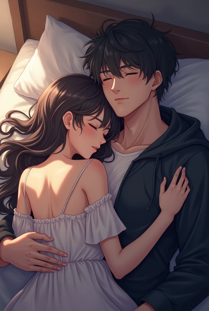 college student couple、Lovers、black hair girl、cute、droopy eyes、hug、tall man、Handsome guy、detailed face、バックhug、pajamas、white clothes、bedroom、A woman sits on a man&#39;s lap