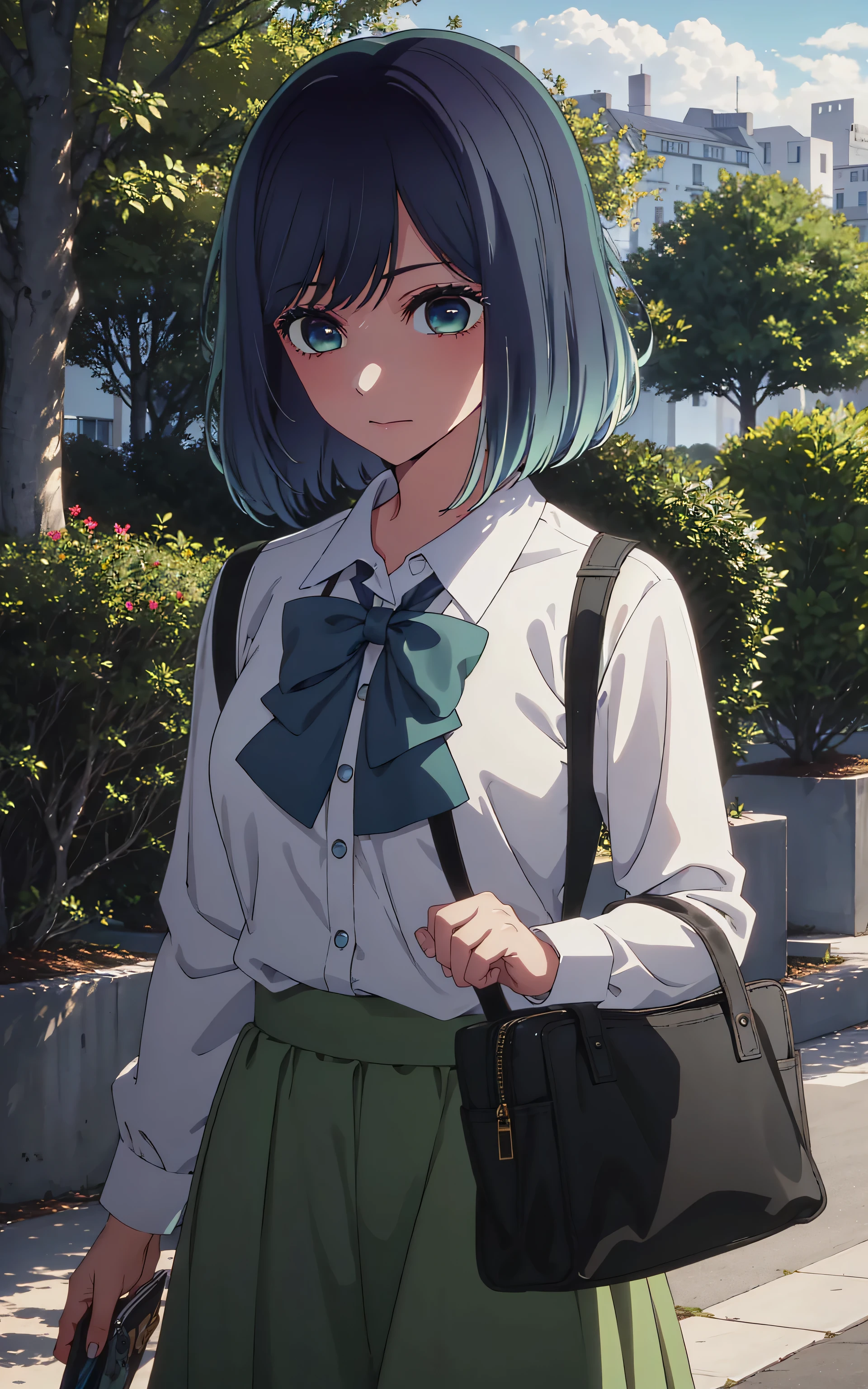 best quality, masterpiece, 1 girl, alone, detailed eyes, very cheerful, very blushing, tie, shirt, blue tie, blue hair, white shirt, long sleeves, medium hair, collared shirt, vest, indoors, bangs, vest , green eyes, multicolored hair, black vest, short hair, bleached hair, blue eyes, skirt, night, flower park background, sitting on a bench, leaning on the back of the bench,