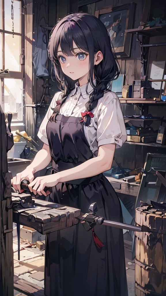 a young female blacksmith student, detailed facial features, soft lips, glowing skin, braided hair, hair ribbons, sharpening a short sword on a whetstone, (8k, best quality, masterpiece:1.2, extremely detailed, highly detailed), vivid colors, line art