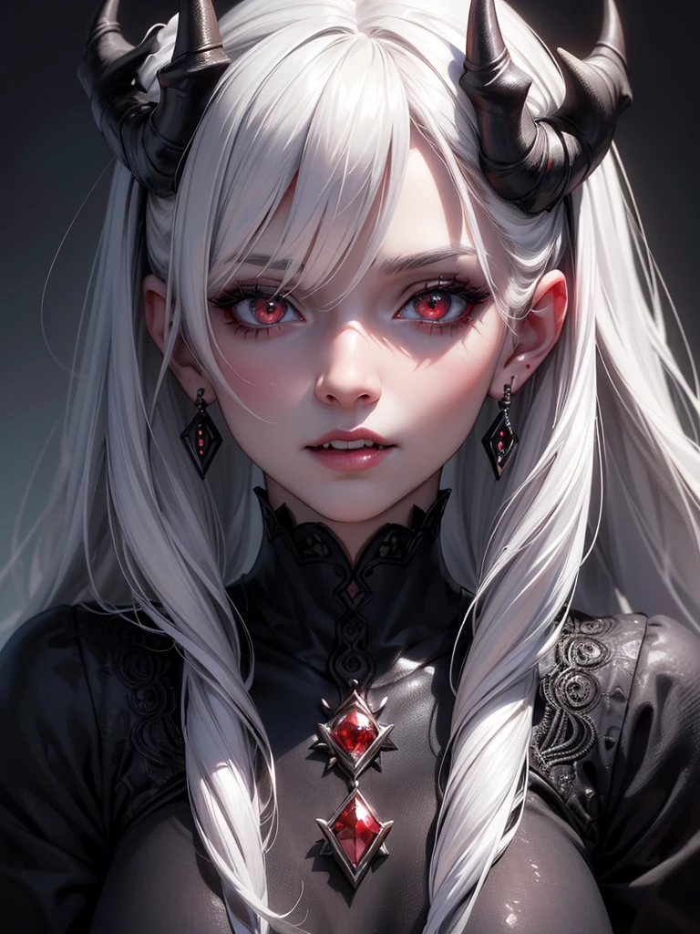 1girl, beautiful detailed eyes, beautiful detailed lips, extremely detailed eyes and face, long eyelashes, white hair, red vampire eyes, horns, earrings, duchess of hell ,teeth, dark makeup, serious expression, demon, hell background, bloody hair, naughty, simple background, drop shadow, (best quality,4k,8k,highres,masterpiece:1.2),ultra-detailed,(realistic,photorealistic,photo-realistic:1.37), extreme long shot