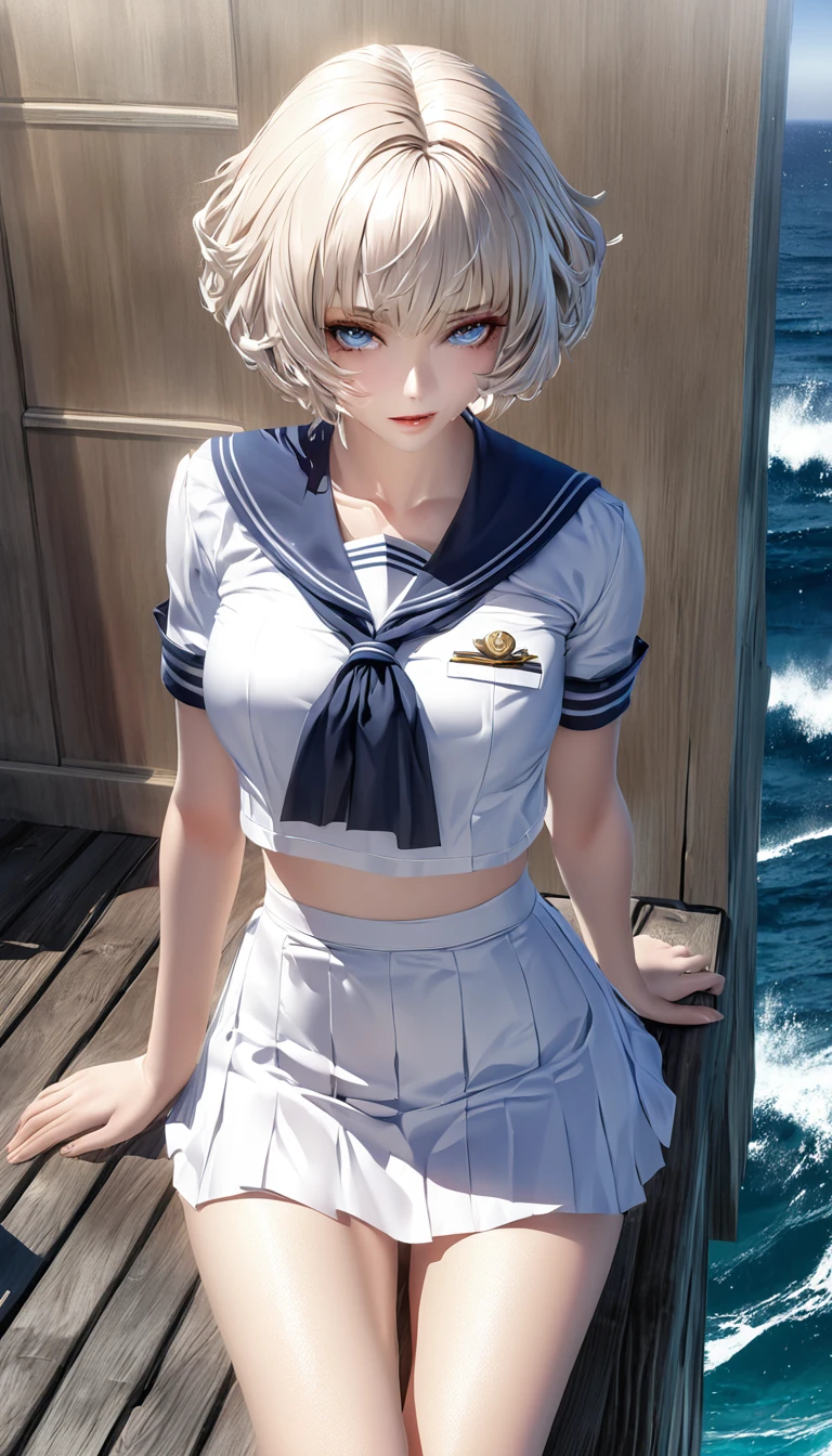 cool beauty marines sailors, glossy silky messy wavy short hair, striking beautiful eyes, fascinating, make-up, amorous and lewd expression, wearing sailor uniforms, perfect proportions, background on the deck at sea, delicate and dynamic textures, contrasts of light and shadow, 2.5D, digital graphic CG, artistic photography, hyper realistic, ultra detailed, absolutely resolution, best quality