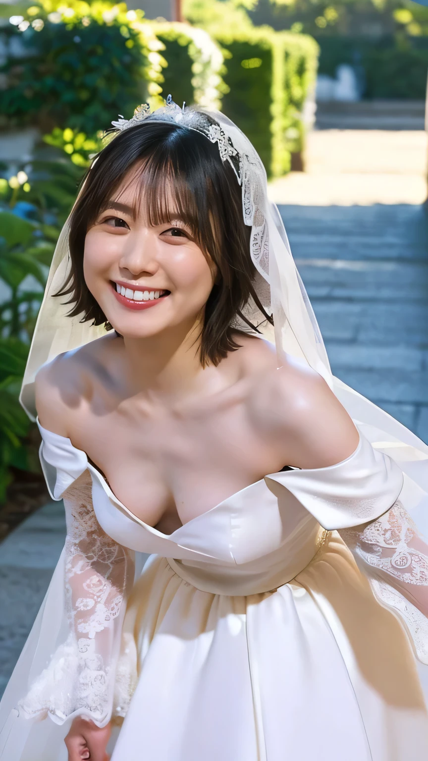 (8k、RAW Photos、Best Quality、masterpiece:1.2)、(Realistic、Realistic)、1 girl、((Off-the-shoulder wedding dresses、Veil、Chapel、Short Bob、View from the front、smile、Looking into the camera 、smile、Leaning forward))、cute、Small breasts