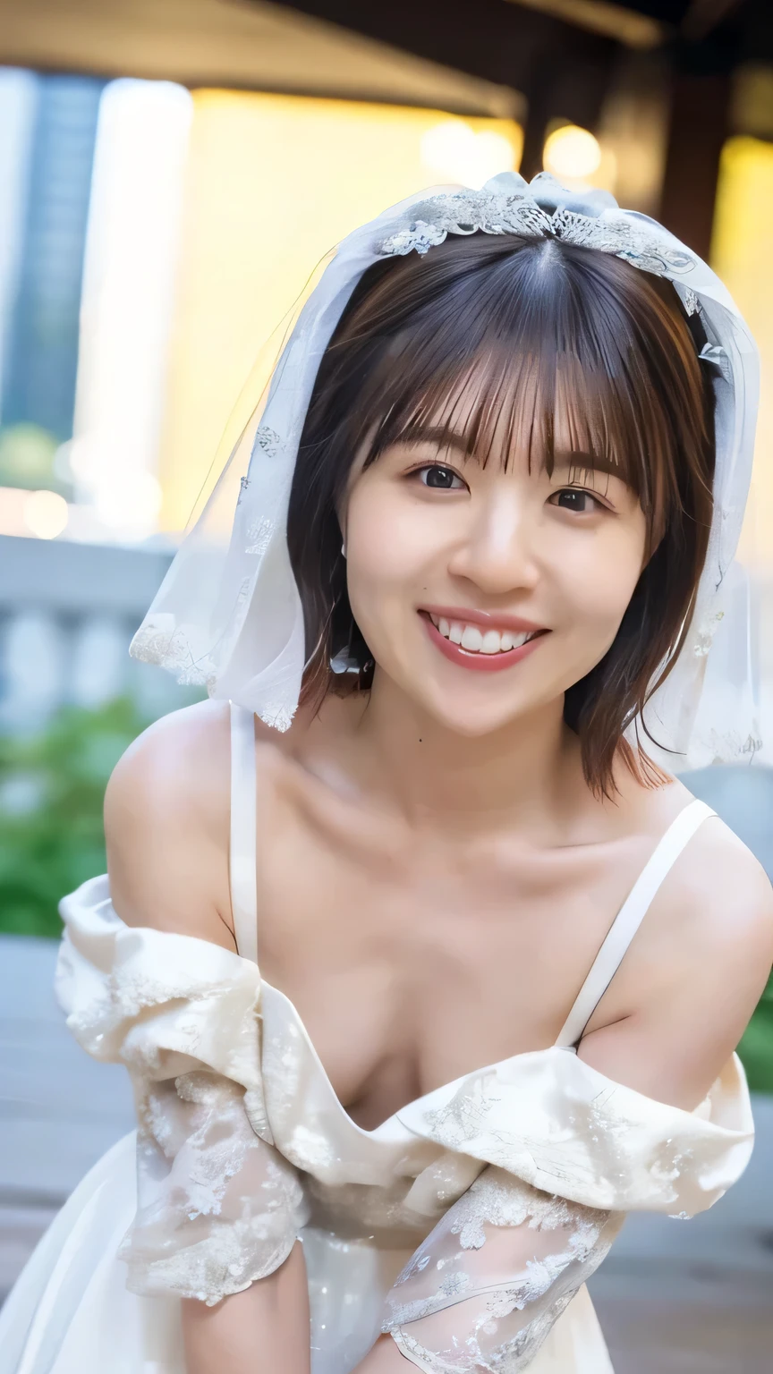 (8k、RAW Photos、Best Quality、masterpiece:1.2)、(Realistic、Realistic)、1 girl、((Off-the-shoulder wedding dresses、Veil、Chapel、Short Bob、View from the front、smile、Looking into the camera 、smile、Leaning forward))、cute、Small breasts