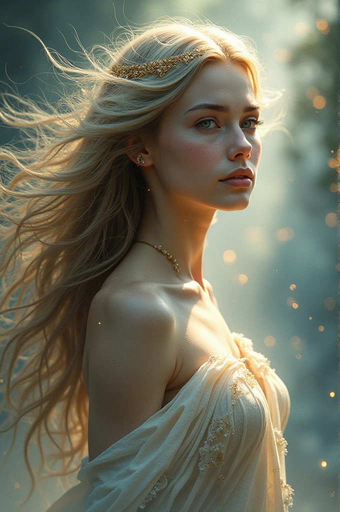 wind goddess, beautiful woman, with ponytail long hair, glowing eyes, masterpiece, detailed