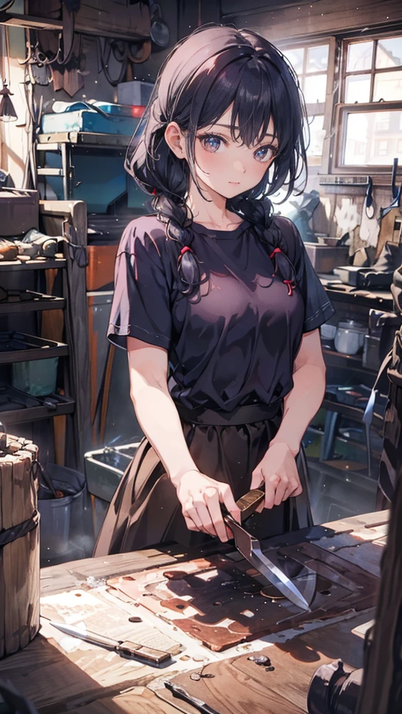 (Blacksmith girl student, Teenage Girls, Muscular girl, Soft lips, Glowing Skin, Braided Hair, Soft Skin:1.25, Hair Ribbon, Braided Hair, Testing the knife I made),(8k, Best Quality, masterpiece:1.2, masterpiece, Extremely detailed, Very detailed), Vibrant colors, Line art