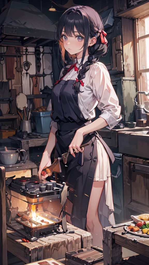 (Blacksmith girl student, Teenage Girls, Muscular girl, Soft lips, Glowing Skin, Braided Hair, Soft Skin:1.25, Hair Ribbon, Braided Hair, Testing the knife I made),(8k, Best Quality, masterpiece:1.2, masterpiece, Extremely detailed, Very detailed), Vibrant colors, Line art