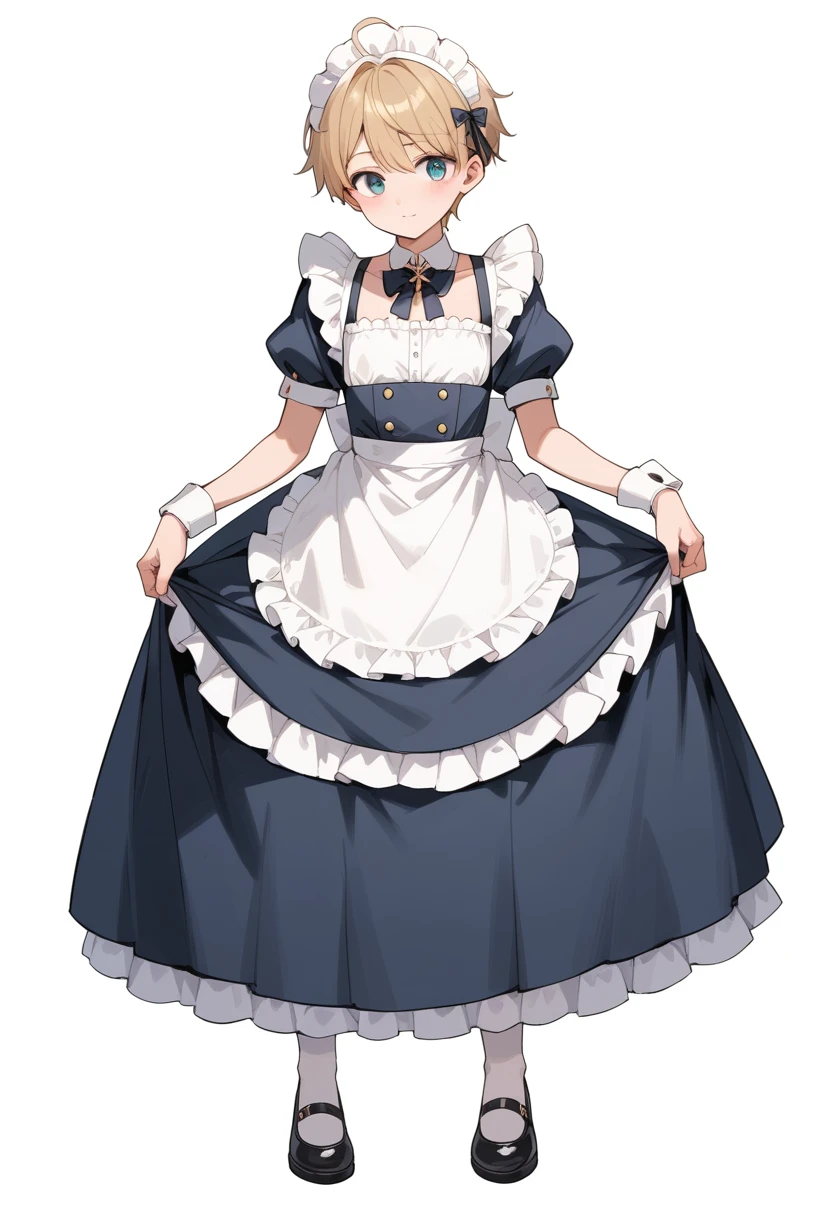 score_9, score_8_up, score_7_up, source_anime, Best Quality,full body, Cross-dressing boy in maid outfit,cute, Delicate and short, (masterpiece)Ultra-detailed, (White Background)