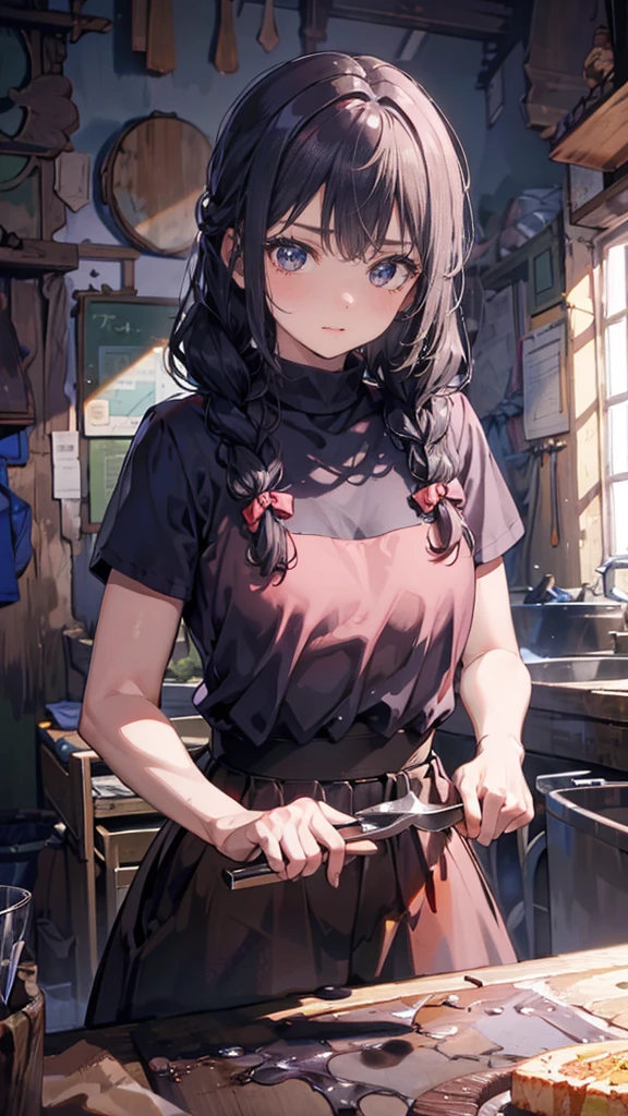 (Blacksmith girl student, Teenage Girls, Muscular girl, Soft lips, Glowing Skin, Braided Hair, Soft Skin:1.25, Hair Ribbon, Braided Hair, Cutting with a knife),(8k, Best Quality, masterpiece:1.2, masterpiece, Extremely detailed, Very detailed), Vibrant colors, Line art