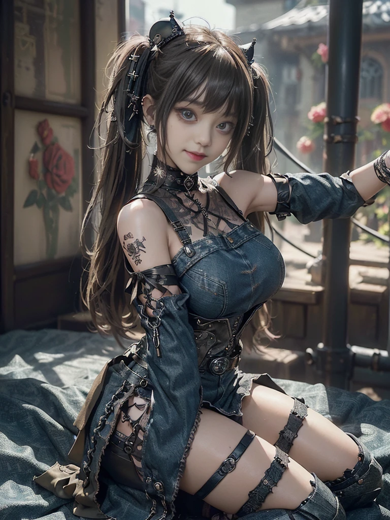 ((whole body画像:1.5))、(whole body:1.3)、(Smiling with teeth showing:1.3),(Shibuya Gal:1.5)、(Gothic Lolita Punk Rock :1.3)、(Goth Fashion:1.4)、(Neo-Goth Costume:1.3)、(Dark Fantasy Style:1.4)、(きめの細かいデニムのdress:1.3)、(Wearing a denim and white detail rash guard:1.5)、(Lace collar and sleeves:1.1)、(Denim knee socks:1.3)、(Heart symbol decoration:1.Unclock Fashion Gloves:1.4)、(Gorgeous hair ornament:1.4)、(Belt with heart mark)、(Denim high heels)、(The underwear is striped:1.4)、(24-years-old)、((Highest quality、8k、masterpiece:1.3))、Slim and beautiful abs:1.3、(Hairstyle Casual、Huge boobs:1.1)、dress:1.1、Super small face、Narrow eyes、double eyelid、A sloppy smile、Ezvian everywhere、Dynamic Angle、close、CPL Filter、Blurred Background、Bokeh、Blue Hour、Detailed face and skin texture、Detailed eyes、,(Twin tails:1.3)、(Brownish golden hair:1.3)、Idol Sculpture、(The background is a glamorous Nordic disco hall:1.3)、(Slimming your legs:1.4)、(The body is slim:1.3)、(clavicle:1.1)