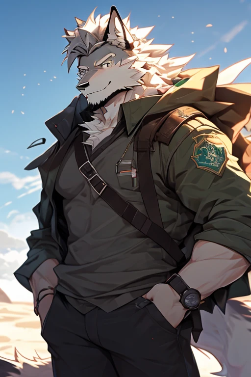 A Focused On Upper Body And Almost Right Side Body Picture of A Very Muscular Furry style Gray Wolf. he is wearing Full long Dark Green Soldier Millitary Outfit. He is looking at the viewer. The background is just colour white. His hair is spikey but very messy. He have A gray hair. He have a little smile with blushes on his face in shyness. He have a very long tail. he have gray eyes. his both hand is in his pockets. he is standing in the background, his mouth is open