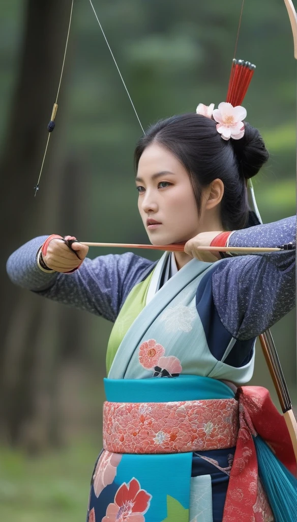 One person, chest囲中,
archery, bow (arms), kimono, Arrow (Projectiles), holding bow (arms), yugake, chest当て, In the same way, One-handed gloves,
Best Quality,medium quality,solo, masterpiece, Textured skin, chest, Biting one&#39;s lip, Close-up, 