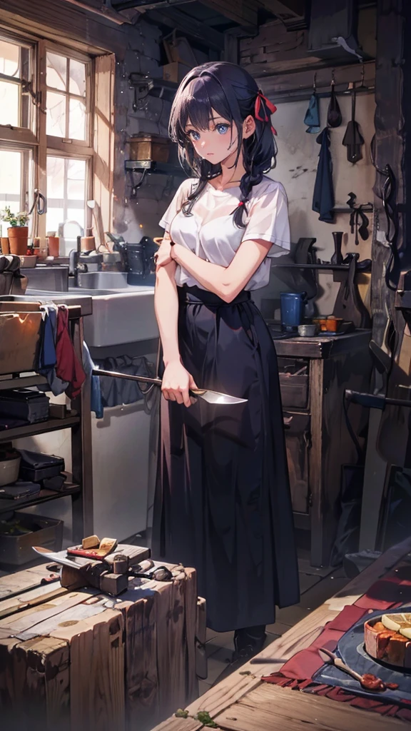 (Blacksmith girl student, Teenage Girls, Muscular girl, Soft lips, Glowing Skin, Braided Hair, Soft Skin:1.25, Hair Ribbon, Braided Hair, Admiring the finished knife),(8k, Best Quality, masterpiece:1.2, masterpiece, Extremely detailed, Very detailed), Vibrant colors, Line art