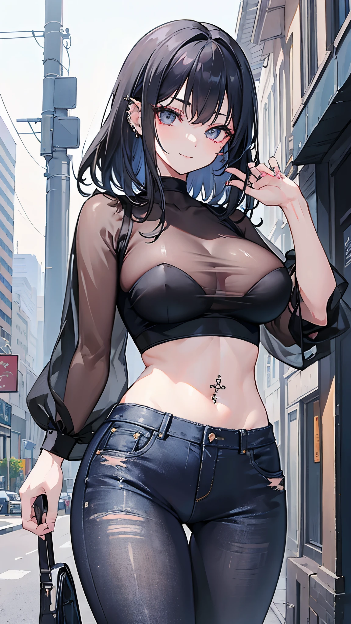 (masterpiece):1.2, solo, black cap, light_smile, light outfit, (spread arms:1.1), shaved armpits:1.2, cool poses , black hair,black t-shirt,black pants, street view ,black glasses,short hair,(medium boobs:1.2)