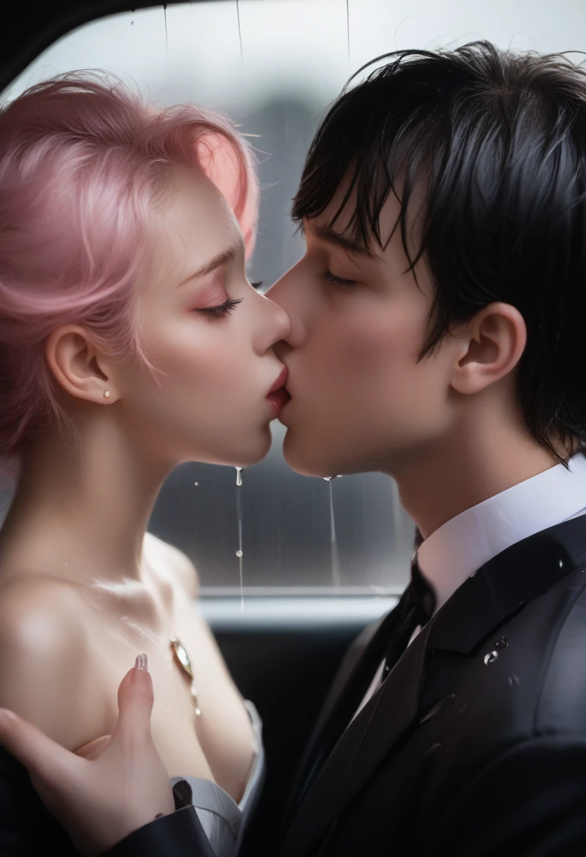 masterpiece, best quality, super detailed, illustration, beautiful detailed eyes, close, with a boy and a girl. It was pink hair., white pleated shirt, cracked button on chest, skirt. The boy has black hair., Black suit, black trousers. Boys and girls kissing in the car, heavy rainy weather