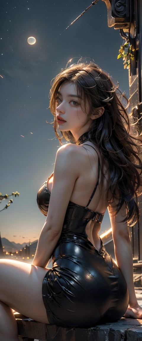 ((masterpiece, highest quality, Highest image quality, High resolution, photorealistic, Raw photo, 8K)), ((Extremely detailed CG unified 8k wallpaper)), Floating, Side view of a woman sitting on a giant crescent moon in the night sky,