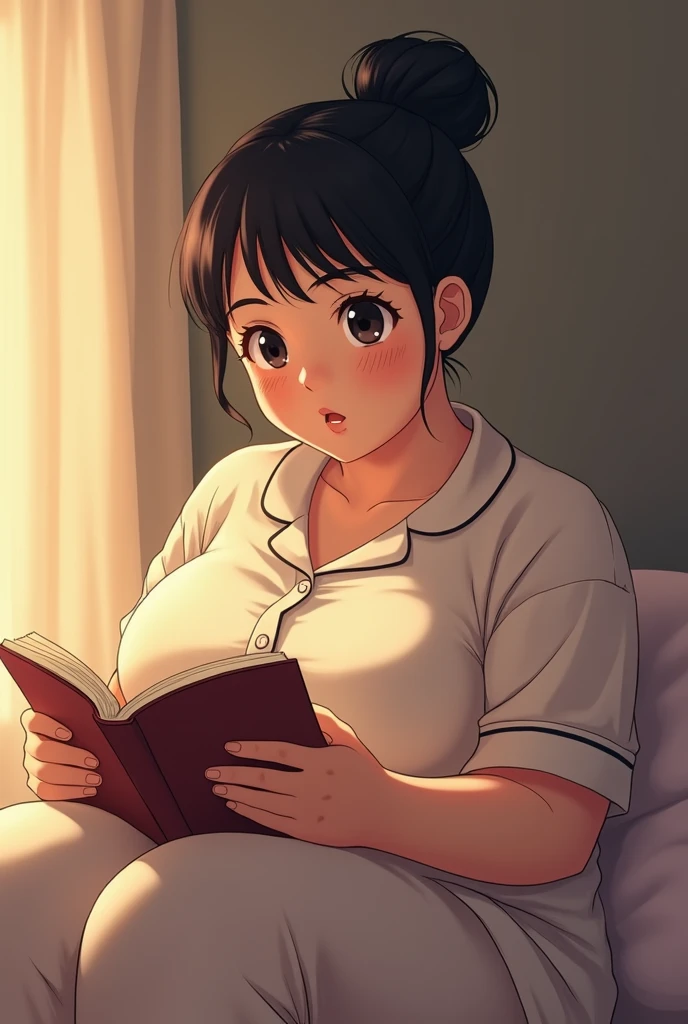 ((masterpiece, best quality)), full body, (solo 0.6), Dora, bracelet, (dark skin 0.6), dark brown hair, short hair, brown eyes, (dark nipples 0.6), indoors, night, sheer white invisible, t-shirt, thin t-shirt, long t-shirt, tight t-shirt, see through t=shirt, pink pajama pants, grinning, (gigantic breasts 0.6), gigantic butt, reading a book, on bed, on knees, adult