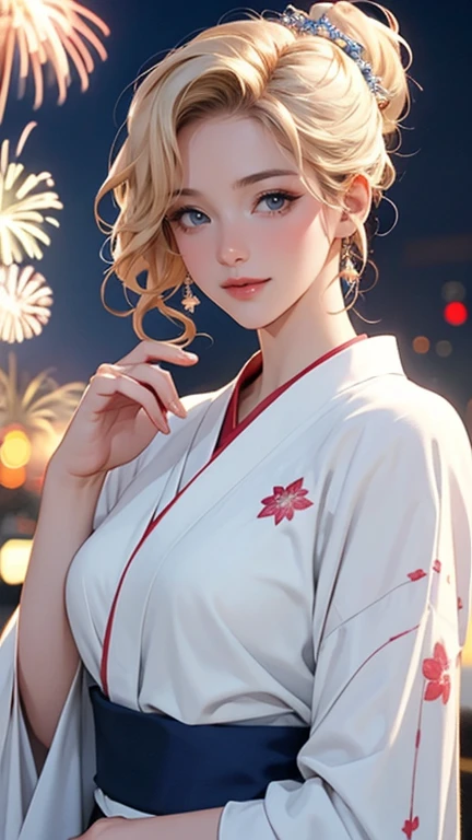 raw photo, 8k, (top-quality), Realistic, (real picture, Intricate details), (natural skin texture, detailed skin, hyper realism, sharpness), (pale skin:1.5), Japanese teenage girl walking in shopping street at night, hands behind back, (sexy floral yukata:1.5), exposed cleavage:1.3, slender body, (blonde hair, bun hairstyle, blunt bangs), shy smile, night time, (fireworks:1.5)