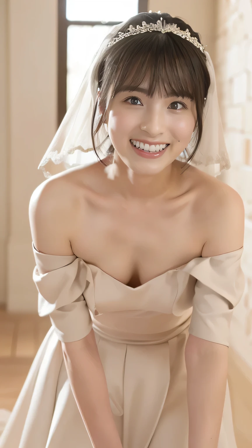 (8k、RAW Photos、Best Quality、masterpiece:1.2)、(Realistic、Realistic)、1 girl、((Off-the-shoulder wedding dresses、Veil、Chapel、Short Bob、View from the front、smile、Looking into the camera 、smile、Leaning forward))、cute、Small breasts、Nipples