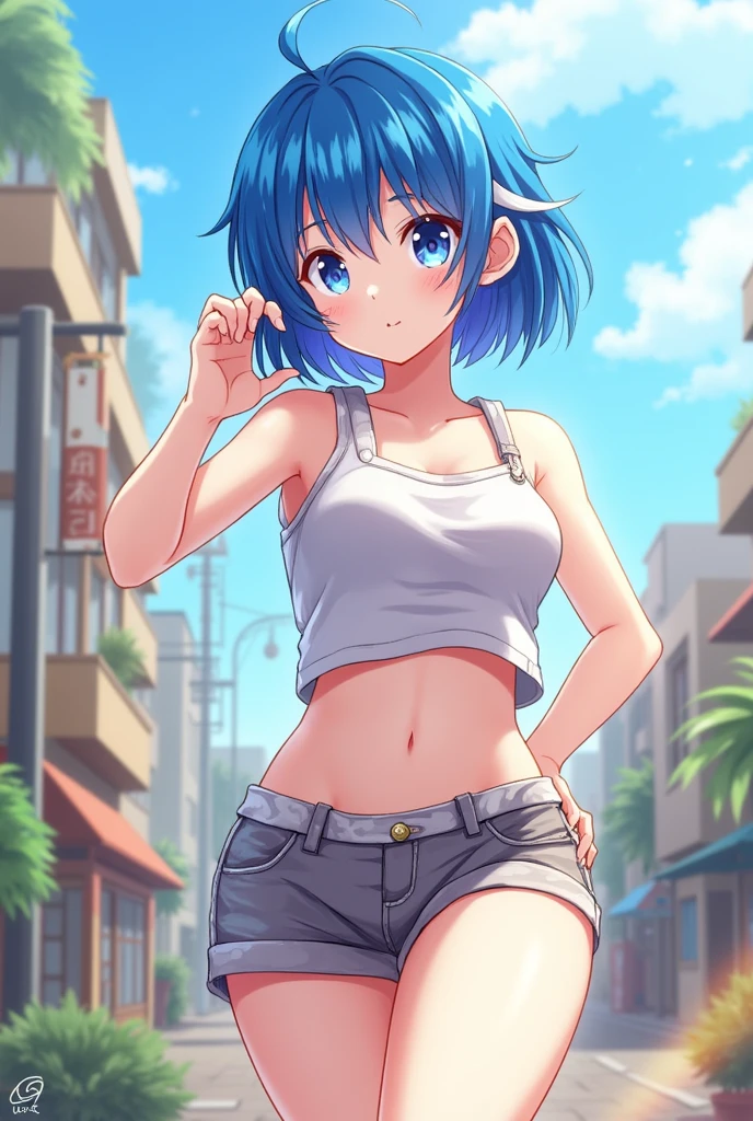 A blue-haired girl with a giant bust, carrying a bag with the strap over her chest in an anime style.