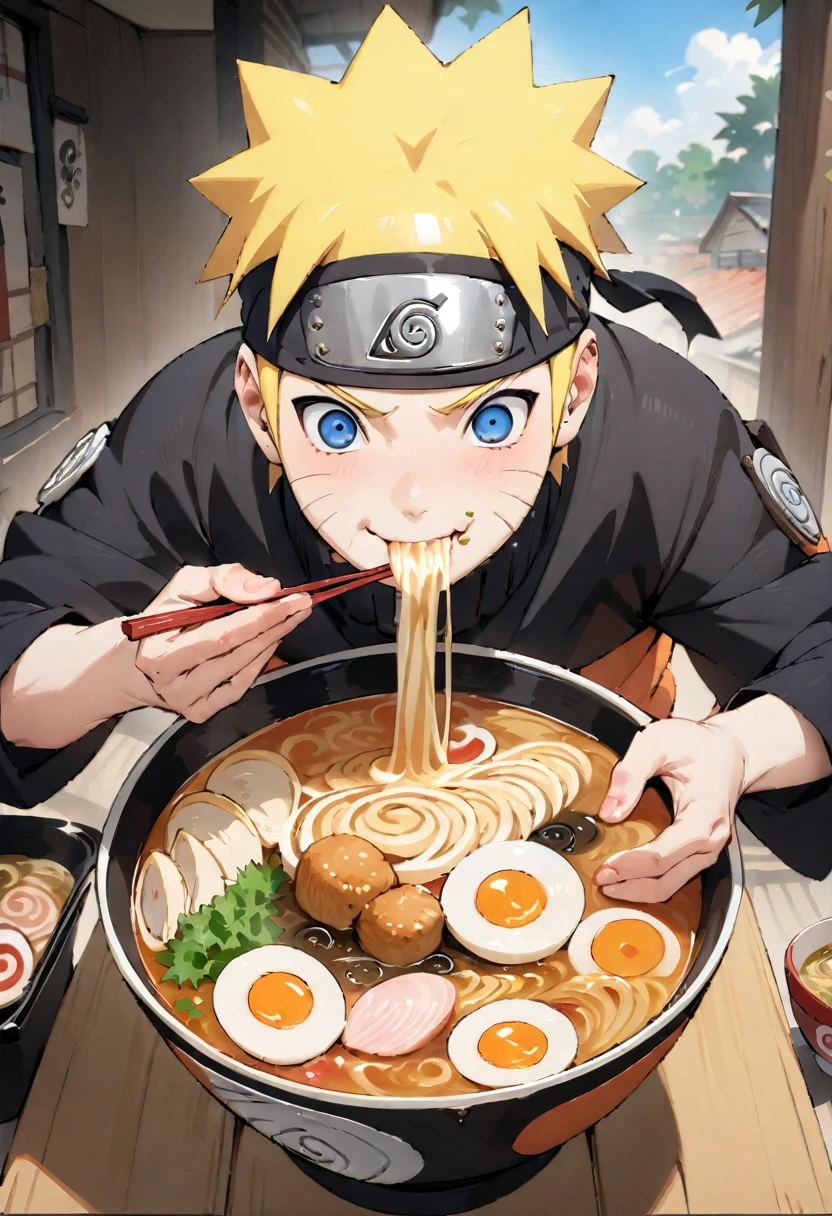 (Best Quality:1.2, Attention to detail, masterpiece:1.2, Best aesthetics, anatomically correct, anatomically correct, anatomically correct, highres, accurate, masterpiece),Naruto Uzumaki, smile, Eating ramen, There is Naruto food in the bowl.:1.5, Ramen stall