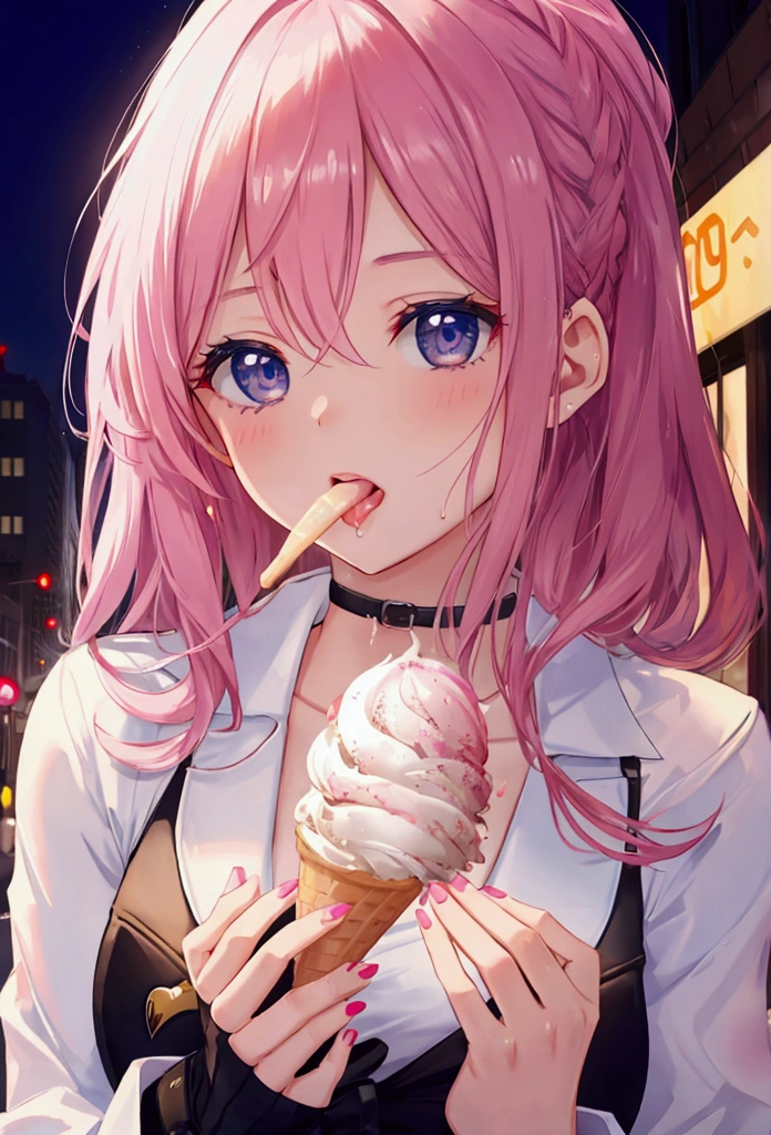 ((((Super Illustration Style:1.0)))),Highest quality,Best Anime,masterpiece,Ray Tracing,Top floor room at night,(Fellatio gestures:1.3),One young girl, alone,View your viewers,Outdoor,Upper Body,saliva,Verbal invitation,(Realistic hand movements:1.3),(holding ice cream in hand:1.3)