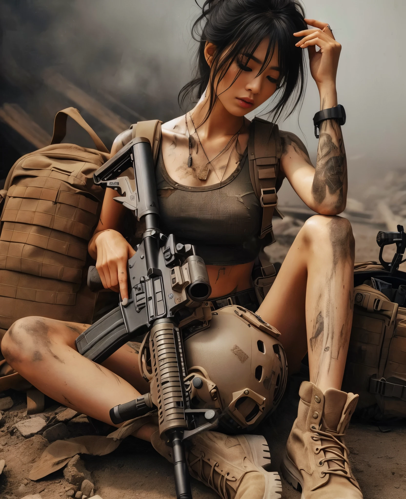masterpiece, best_quality, 1girl, solo, beautiful angelina jolie, on her back on the battlefield tired, dirty, very dirty body, dirty with dust,with torn clothes, clothes in pieces, scraps of clothing, sweat, excessive sweat, sweaty body, drops of sweat all over the body, hairy, hair appearing, hair showing, barefoot, sweaty feet, dirty soles, sweaty soles, pov feet, black hair, back