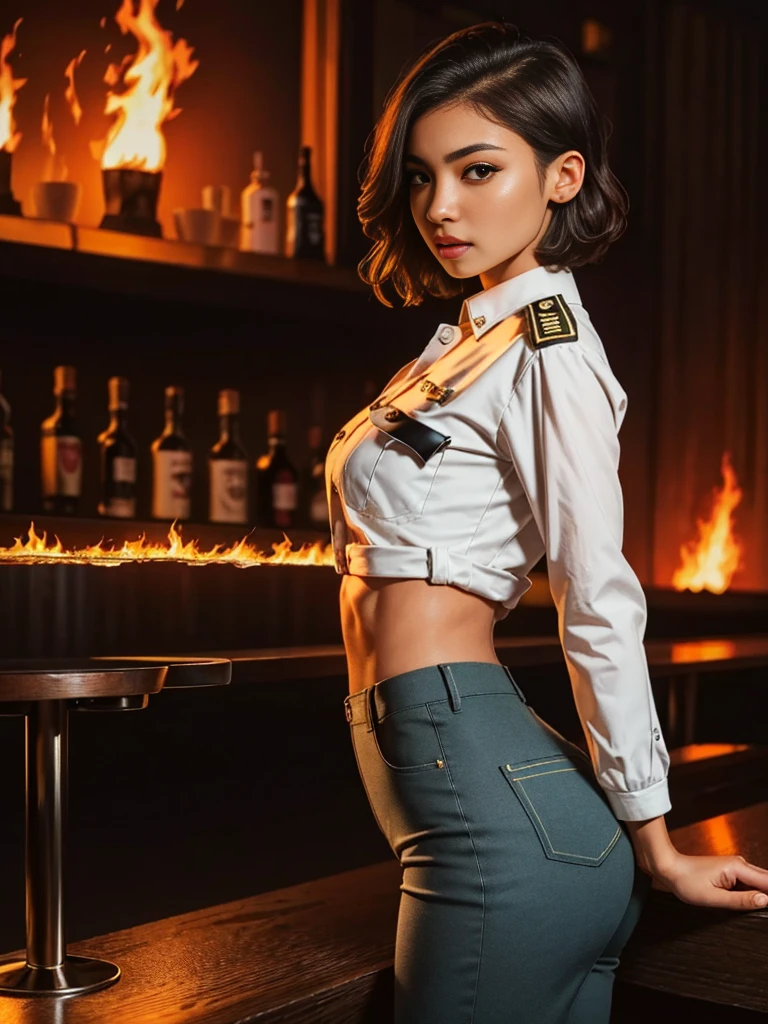 (best quality,highres),(realistic:1.37),(portrait),(studio lighting), ((fire marshal uniform:1.3)) ,solo mature woman, small breasts, skinny ass,  dark short hair, full lips, seductive, (in a bar:1.5), ((fareman pants)), ((skinny:1.4)), ((slim:1.3)), ((small ass)), ((petite)), ((sexual position:1.4))