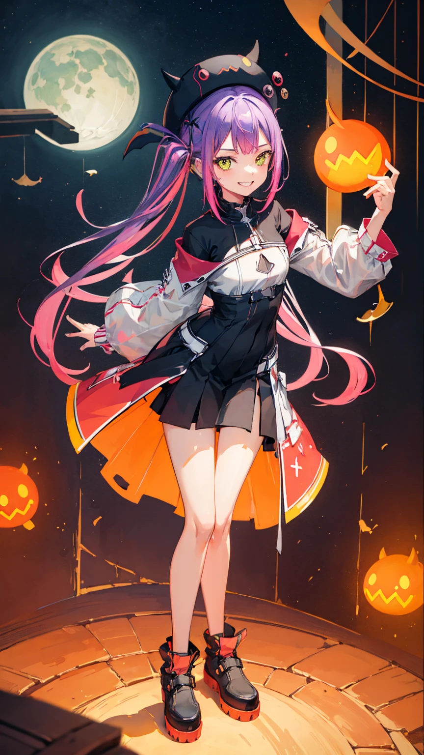 Towa from Ho****ve with her orange and red witch-style outfit smiling, Full body image, clear and with a cute witch hat.