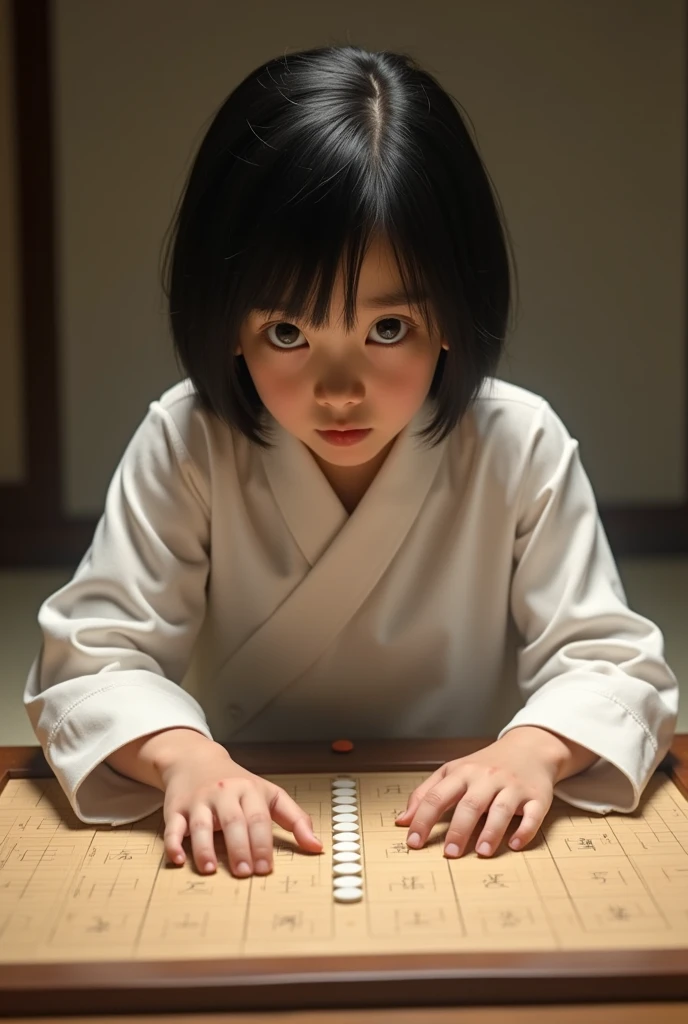 child boy, short hair, cardigan, (masterpiece, best quality:1.6), spirited away, at Golden hour, Pond, playing chess, Deteriorating, (horror style:1.4), blood,